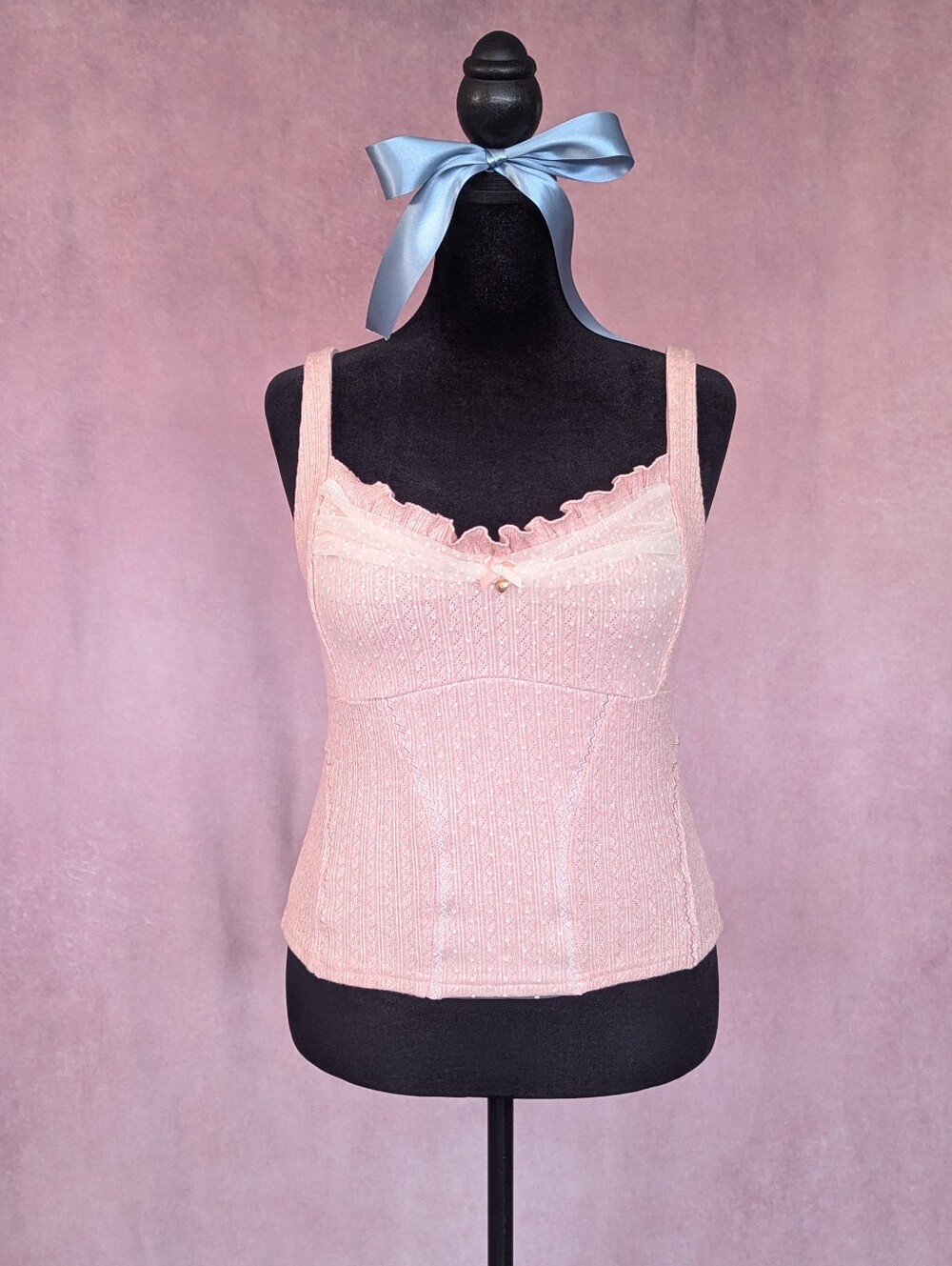 SHEIN Pink Knit Cami Top Mesh Trim Bow Detail